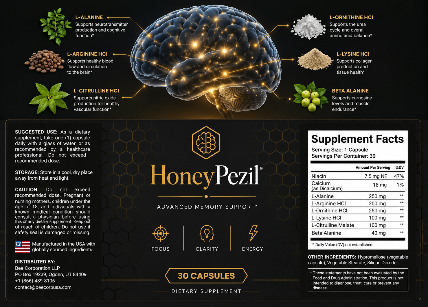 Honeypezil Supplement Facts label